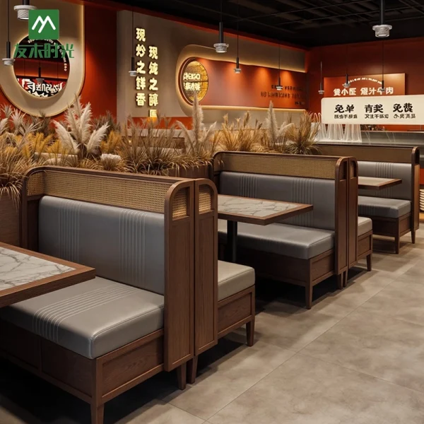 Wholesale Southeast Asian Restaurant Furniture - Rattan Backs of Booths and Chairs Paired with Slab Dining Tables