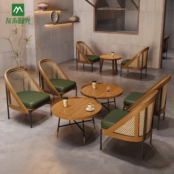 Wholesale Japanese Wabi-Sabi Style Rattan Coffee Shop Table and Chair Set