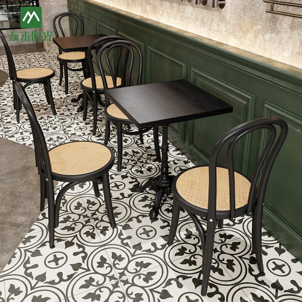 Custom-made Vintage Style Cafe/Restaurant Table and Chair Set - Solid Wood Tabletop with Rock Slab Surface