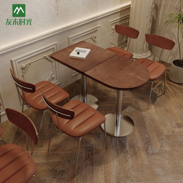 Commercial-grade Brown Cafe Table and Chair Set – High-quality Solid Wood Table and Metal Chairs