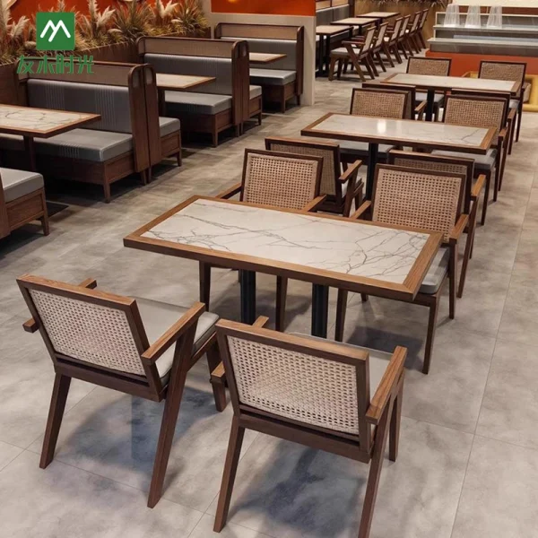 Wholesale Southeast Asian Restaurant Furniture - Rattan Backs of Booths and Chairs Paired with Slab Dining Tables