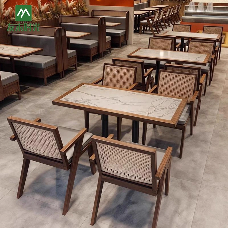 Wholesale Southeast Asian Restaurant Furniture - Rattan Backs of Booths and Chairs Paired with Slab Dining Tables — изображение 3