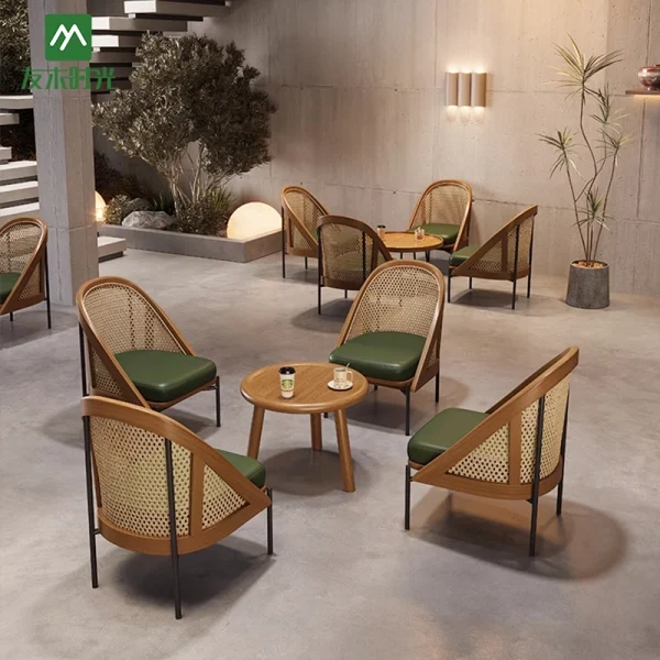 Wholesale Japanese Wabi-Sabi Style Rattan Coffee Shop Table and Chair Set