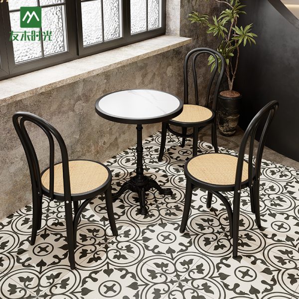 Custom-made Vintage Style Cafe/Restaurant Table and Chair Set - Solid Wood Tabletop with Rock Slab Surface