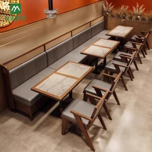 Wholesale Southeast Asian Restaurant Furniture - Rattan Backs of Booths and Chairs Paired with Slab Dining Tables