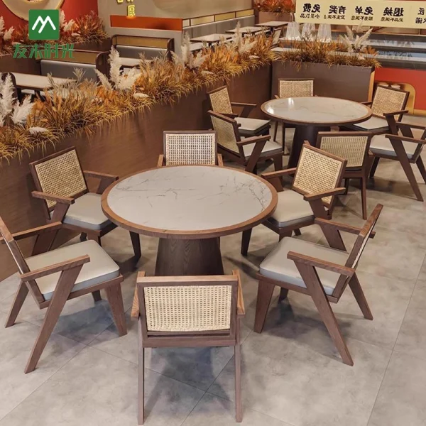 Wholesale Southeast Asian Restaurant Furniture - Rattan Backs of Booths and Chairs Paired with Slab Dining Tables