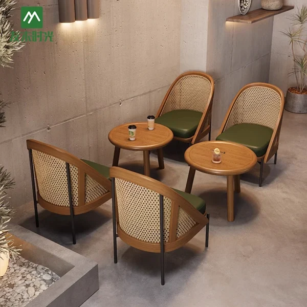 Wholesale Japanese Wabi-Sabi Style Rattan Coffee Shop Table and Chair Set