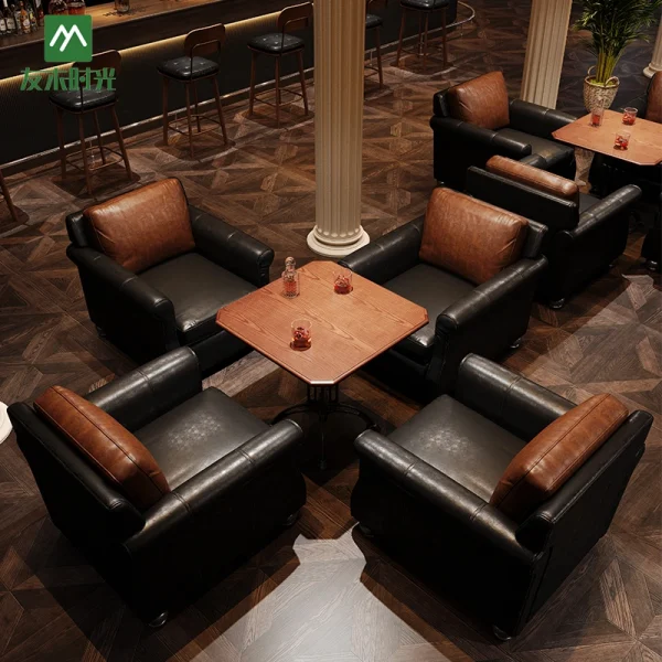 Retro-style Pub Furniture Set, Cigar Bar Casual Sofa Set, Bar Table and Chair Combination