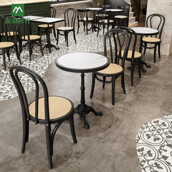 Custom-made Vintage Style Cafe/Restaurant Table and Chair Set - Solid Wood Tabletop with Rock Slab Surface