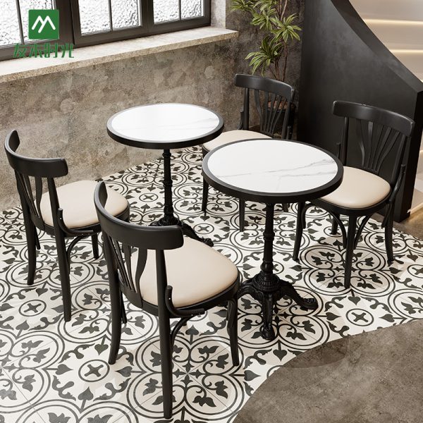 Custom-made Vintage Style Cafe/Restaurant Table and Chair Set - Solid Wood Tabletop with Rock Slab Surface