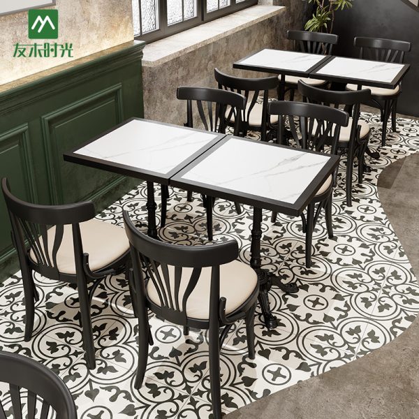 Custom-made Vintage Style Cafe/Restaurant Table and Chair Set - Solid Wood Tabletop with Rock Slab Surface