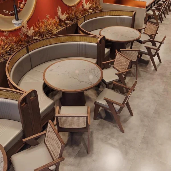 Wholesale Southeast Asian Restaurant Furniture - Rattan Backs of Booths and Chairs Paired with Slab Dining Tables
