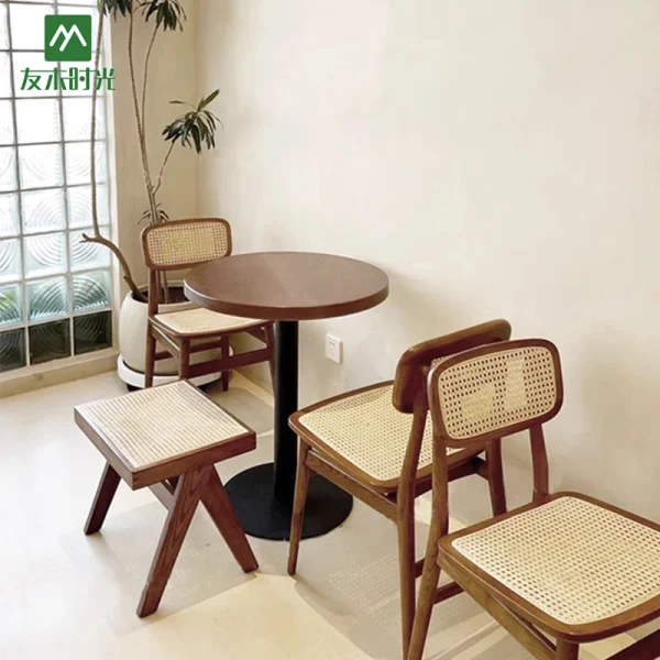 Wholesale Vintage-style Cafe Table and Chair Sets – Woven Rattan Chair Seat & Solid Wood Small Round Table