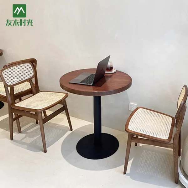 Wholesale Vintage-style Cafe Table and Chair Sets – Woven Rattan Chair Seat & Solid Wood Small Round Table