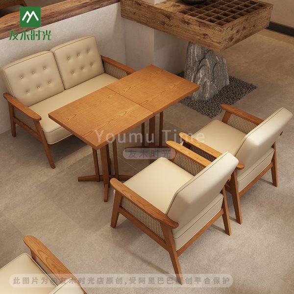 Modern coffee shop solid wood table and chair set, casual negotiation area with woven rattan chairs.