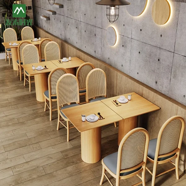 Factory Wholesale Japanese Wabi-Sabi Style Solid Wood and Woven Rattan Furniture Tables Chairs Booth Sofas for Restaurants and Cafe