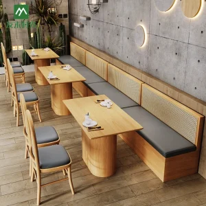Factory Wholesale Japanese Wabi-Sabi Style Solid Wood and Woven Rattan Furniture Tables Chairs Booth Sofas for Restaurants and Cafe