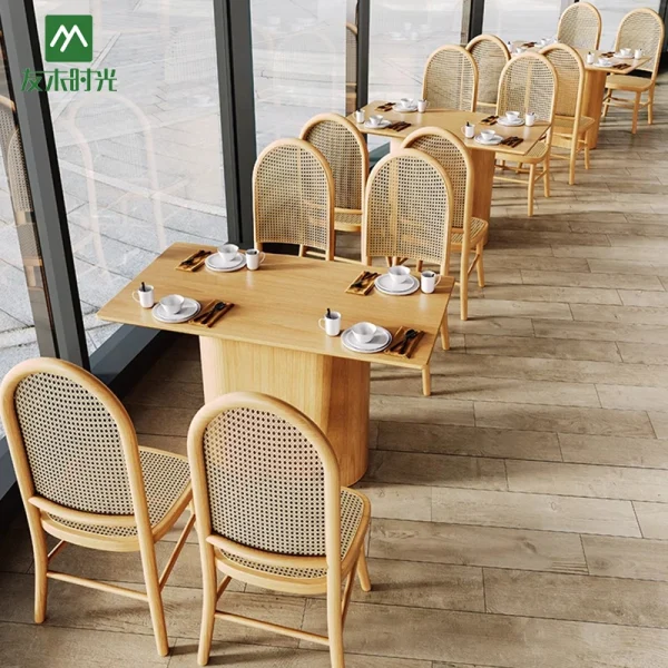 Factory Wholesale Japanese Wabi-Sabi Style Solid Wood and Woven Rattan Furniture Tables Chairs Booth Sofas for Restaurants and Cafe
