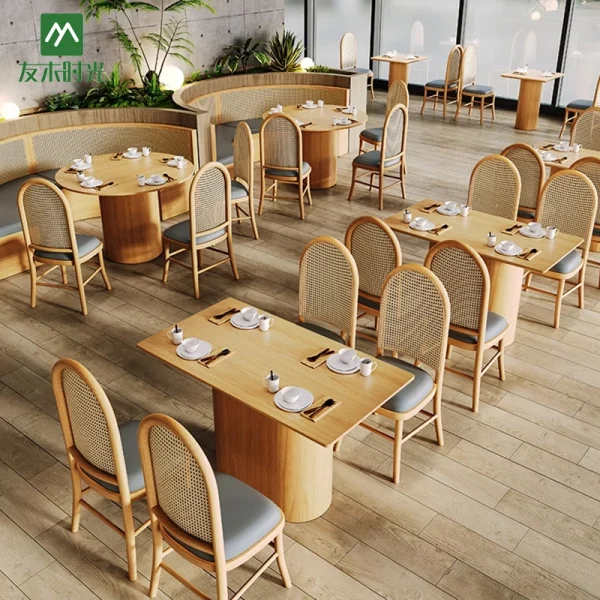 Factory Wholesale Japanese Wabi-Sabi Style Solid Wood and Woven Rattan Furniture Tables Chairs Booth Sofas for Restaurants and Cafe