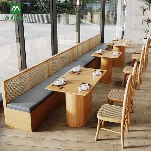 Factory Wholesale Japanese Wabi-Sabi Style Solid Wood and Woven Rattan Furniture Tables Chairs Booth Sofas for Restaurants and Cafe