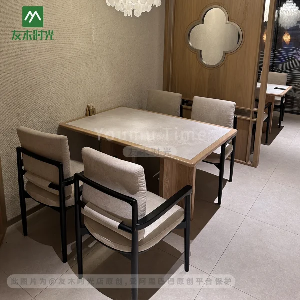 Wholesale White Modern Oriental Restaurant Furniture Set with Upholstered Chairs and Wooden Dining Tables for Hotel Café Tea House