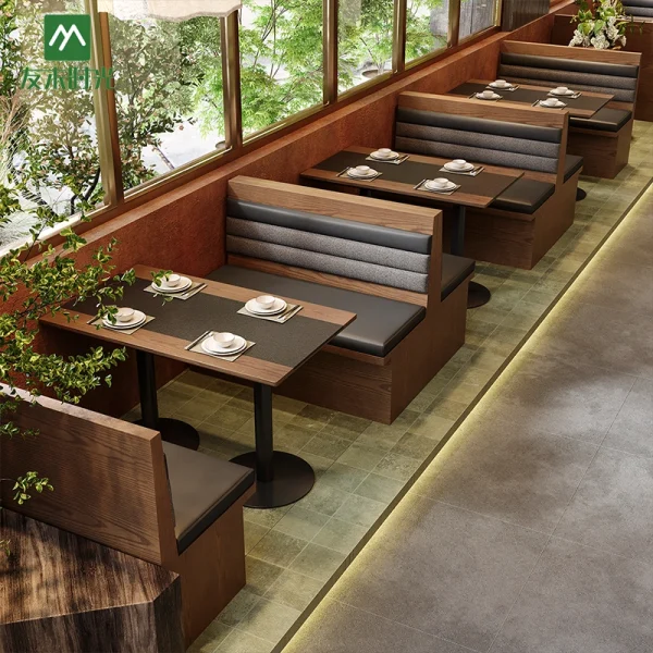 Factory-Direct Warm Wood Grain Solid Wood Dining Table and Chair Sets, Booth Seating, and Sofas for Restaurants and Cafes – Support Customization