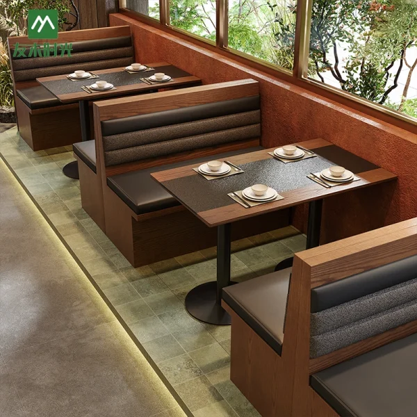 Factory-Direct Warm Wood Grain Solid Wood Dining Table and Chair Sets, Booth Seating, and Sofas for Restaurants and Cafes – Support Customization