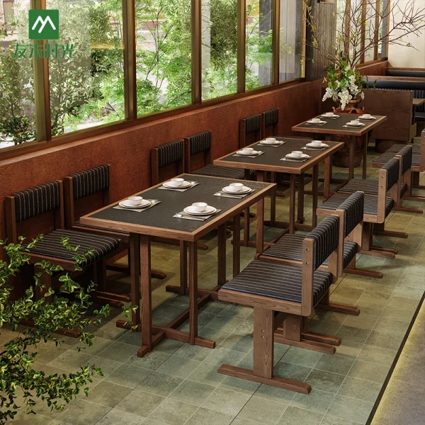 Factory Wholesale High-End Solid Wood Dining Furniture Set, Customizable Booth Sofa Seating, Table, and Chair