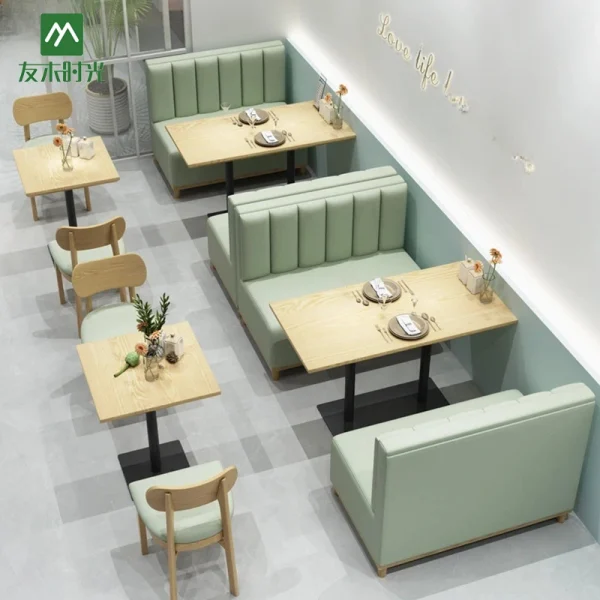 Factory Wholesale Minimalist Commercial Restaurant Table and Chair Set – Includes Leather-Upholstered Booth Sofas