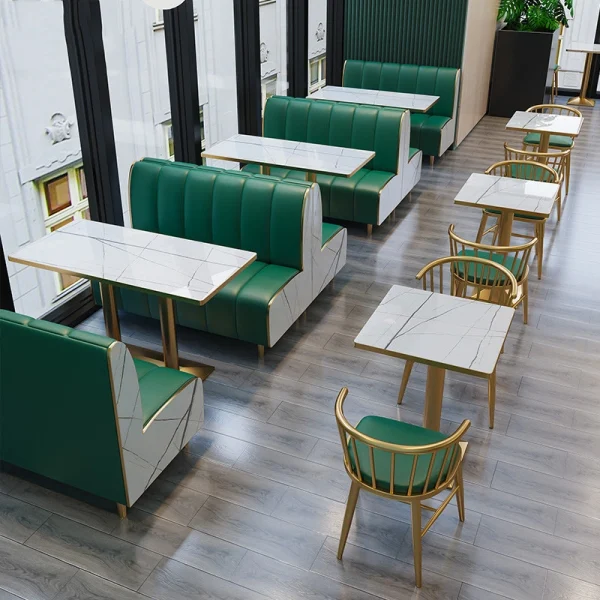 Supplier Wholesale Light Luxury Commercial Restaurant Furniture Set – Includes Wooden Booth Sofas, Metal Dining Tables, and Chairs