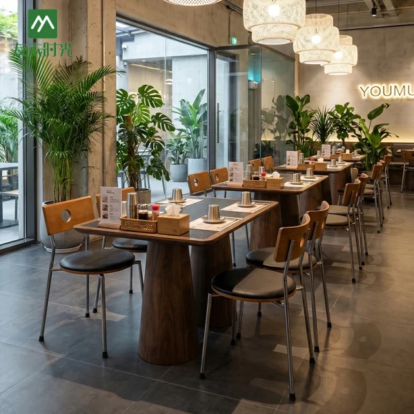Factory Supply Stylish Restaurant Furniture Set – Wooden Booth Tables, Metal Dining Tables, and Chairs Set