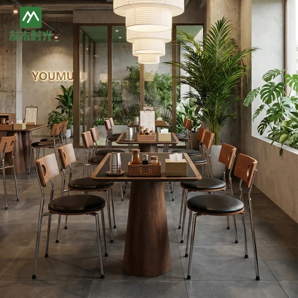 Factory Supply Stylish Restaurant Furniture Set – Wooden Booth Tables, Metal Dining Tables, and Chairs Set
