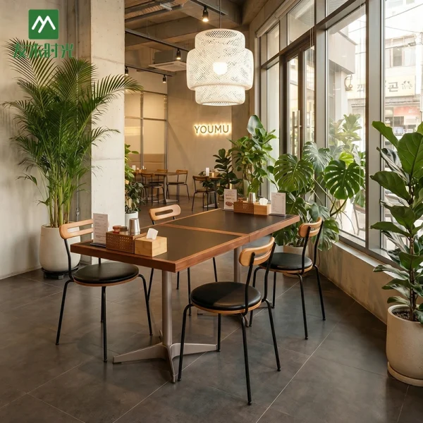 4 Seater Restaurant Table Set, Square Cafe Table Set – Pedestal Base Dining Tables & Wood Back Chairs