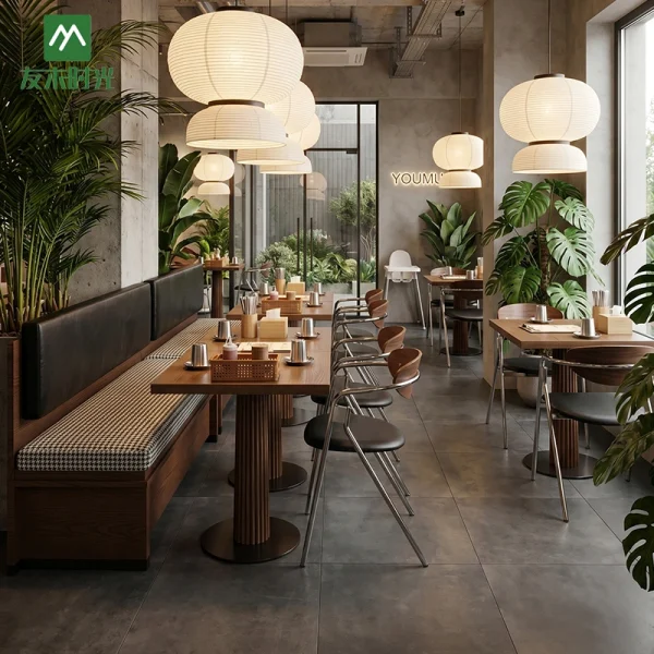Wholesale Forest-style Restaurant Furniture Sets—including Tables, Chairs, and Wooden Booth Sofas— Suitable for Commercial Restaurant and Cafe Projects