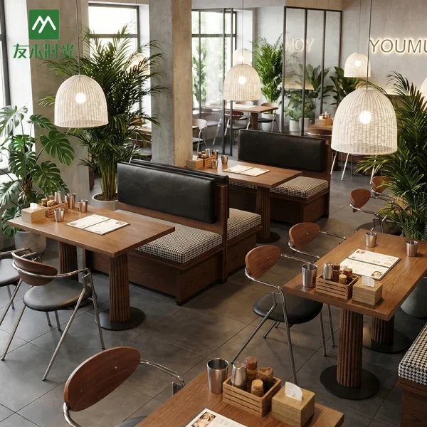 Wholesale Forest-style Restaurant Furniture Sets—including Tables, Chairs, and Wooden Booth Sofas— Suitable for Commercial Restaurant and Cafe Projects