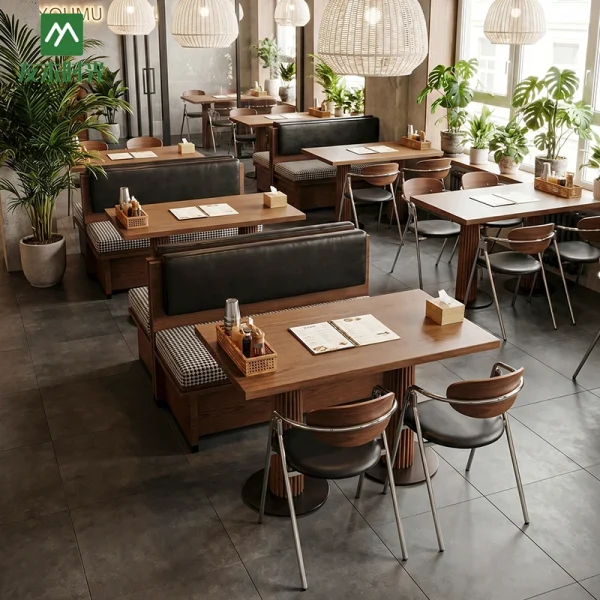 Wholesale Forest-style Restaurant Furniture Sets—including Tables, Chairs, and Wooden Booth Sofas— Suitable for Commercial Restaurant and Cafe Projects