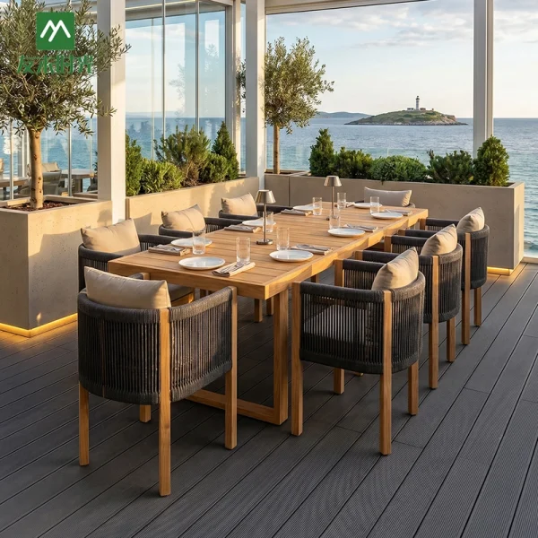 Custom Outdoor Restaurant Furniture, Seaside Outdoor Furniture: Waterproof and Easy-to-Clean Teak Table and Chair Set