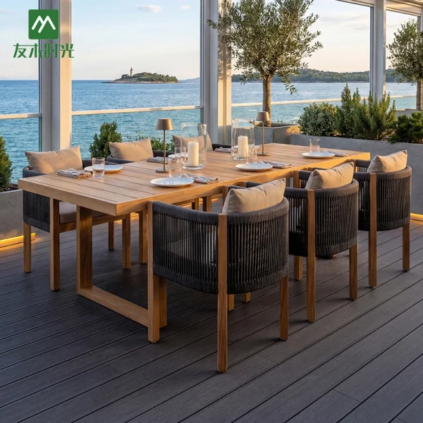 Custom Outdoor Restaurant Furniture, Seaside Outdoor Furniture: Waterproof and Easy-to-Clean Teak Table and Chair Set