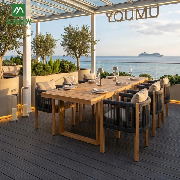 Custom Outdoor Restaurant Furniture, Seaside Outdoor Furniture: Waterproof and Easy-to-Clean Teak Table and Chair Set
