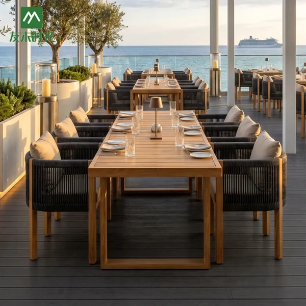 Custom Outdoor Restaurant Furniture, Seaside Outdoor Furniture: Waterproof and Easy-to-Clean Teak Table and Chair Set
