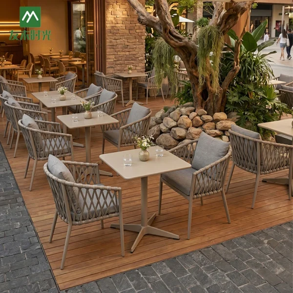 Factory Direct Outdoor Table and Chair for Restaurant and Hotel – Commercial-Grade Aluminum and Rope-Woven Outdoor Restaurant Furniture