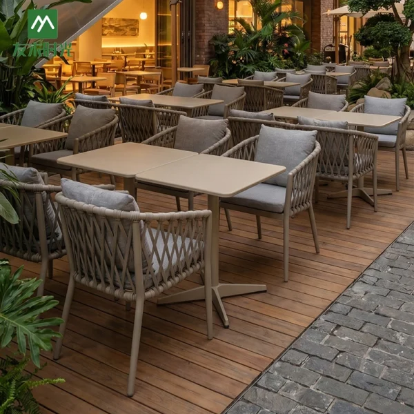 Factory Direct Outdoor Table and Chair for Restaurant and Hotel – Commercial-Grade Aluminum and Rope-Woven Outdoor Restaurant Furniture