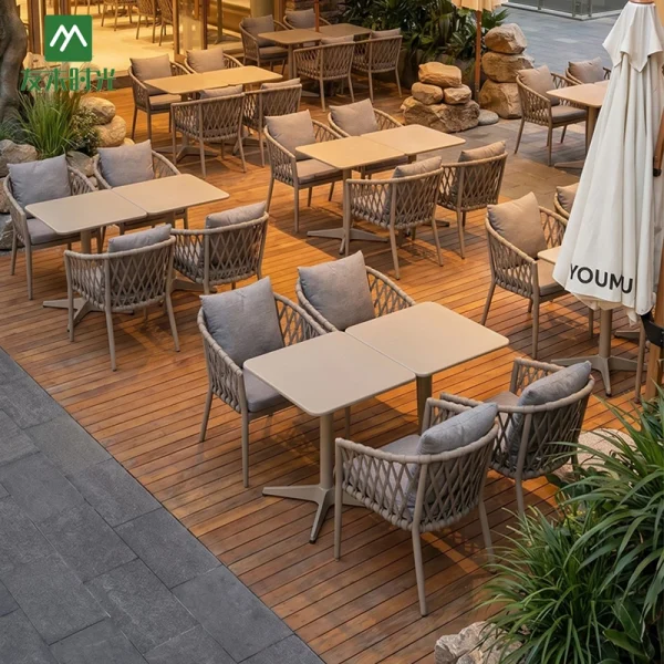 Factory Direct Outdoor Table and Chair for Restaurant and Hotel – Commercial-Grade Aluminum and Rope-Woven Outdoor Restaurant Furniture