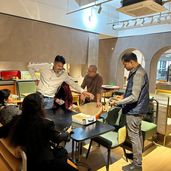 customer selecting restaurant furniture