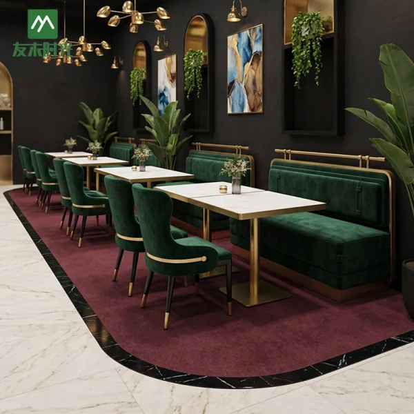 Wholesale Green Velvet Chair, Booth and Metal Table Set For Restaurant
