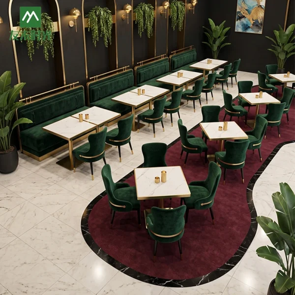Wholesale Green Velvet Chair, Booth and Metal Table Set For Restaurant