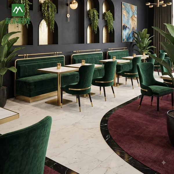 Wholesale Green Velvet Chair, Booth and Metal Table Set For Restaurant