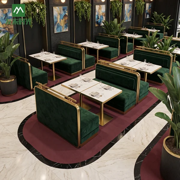 Wholesale Green Velvet Chair, Booth and Metal Table Set For Restaurant