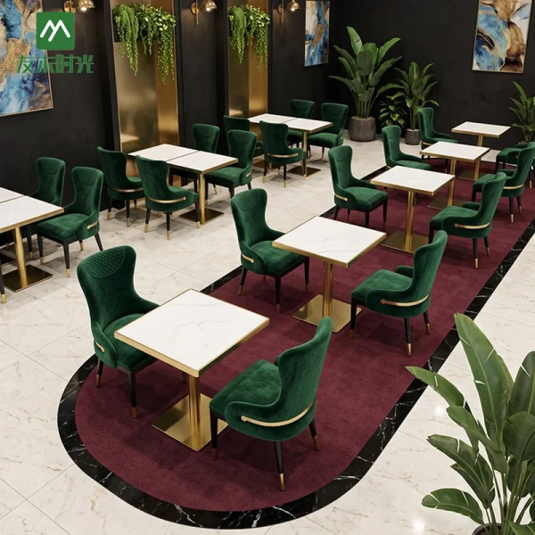 Wholesale Green Velvet Chair, Booth and Metal Table Set For Restaurant