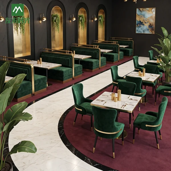 Luxury Restaurant Booths with Velvet Upholstery and Metal Tables